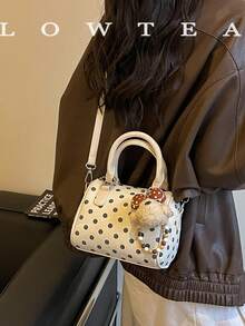 Low Tea 1pc Polka Dot PU Fabric Handbag, Women's Vintage Fashion Bowling Bag, Top Double Handle Design, Zipper Closure, Shoulder Strap For Shoulder, Crossbody, Hand Carry, Suitable For Commuting, Outdoor, Travel, Outing (With Pendant) - Black and White - View 7