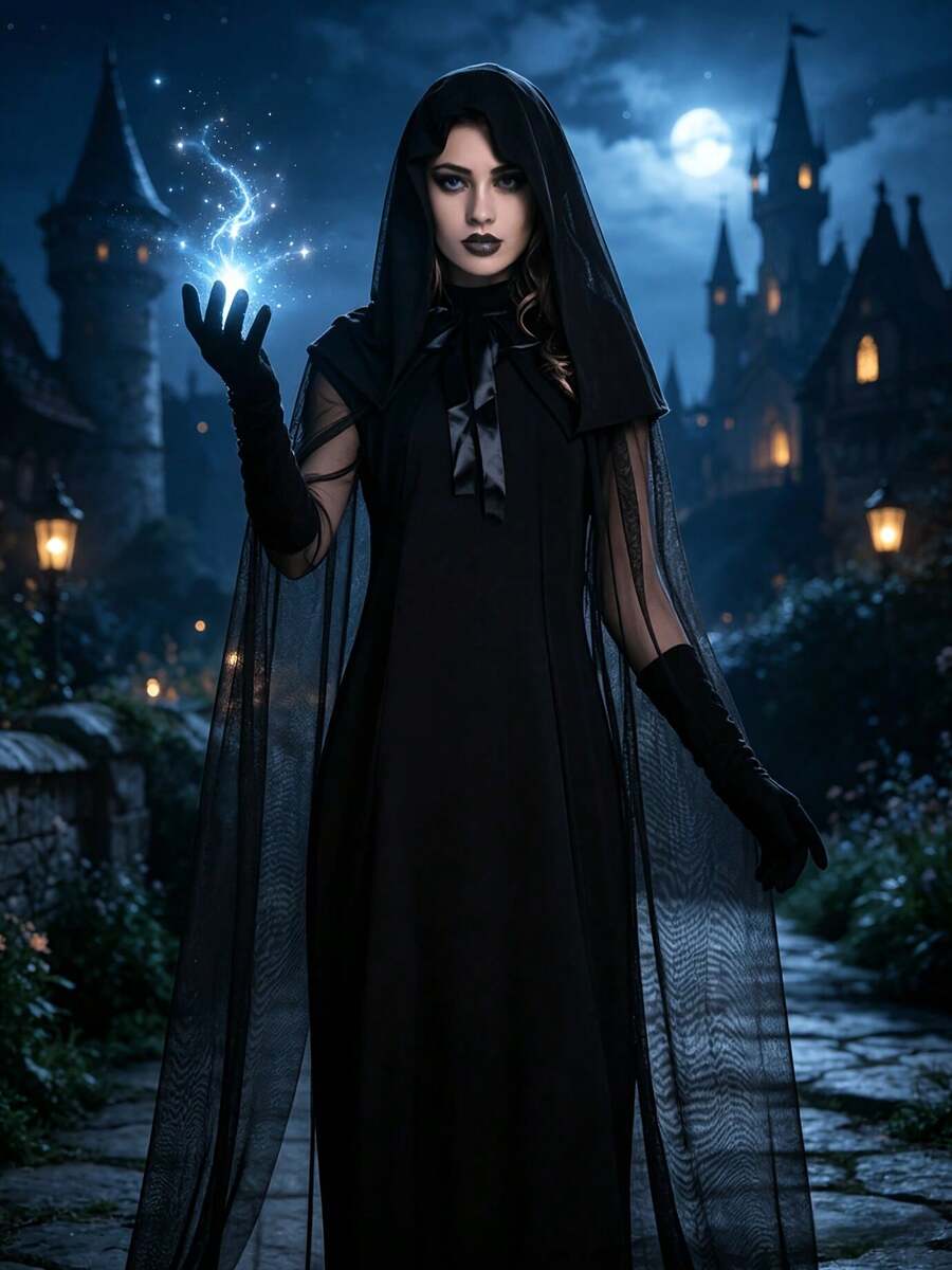 3-Piece Women's Gothic Witch Cosplay Costume - Dark Witch Long Dress With Cloak And Gloves, Full Body Performance Outfit For Theme Parties, Stage Costume, Machine Washable Solid Color,Halloween - Multicolor - View 1