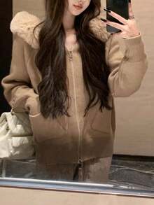 女款鬆弛感毛領連帽針織開襟毛衣外套，寬鬆修身前開襟上衣，秋季 - 卡其色 - 查看 5