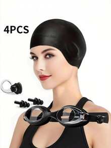 Babous Ensemble de 4 pièces de lunettes de natation pour femmes, lunettes d'équipement de natation, bonnet de natation en silicone imperméable, pince nasale de natation, bouchons d'oreilles de natation. Bonnet de natation surdimensionné, bonnet de natation avec protection des oreilles, convient aux cheveux longs et courts. - Multicolore - Voir 1