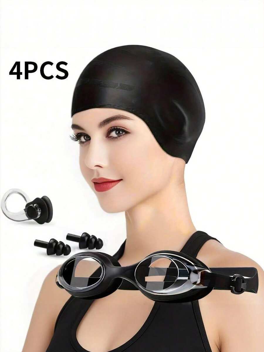 Babous Ensemble de 4 pièces de lunettes de natation pour femmes, lunettes d'équipement de natation, bonnet de natation en silicone imperméable, pince nasale de natation, bouchons d'oreilles de natation. Bonnet de natation surdimensionné, bonnet de natation avec protection des oreilles, convient aux cheveux longs et courts. - Multicolore - Voir 1
