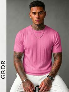 Suéter casual de punto acanalado de cuello redondo de manga corta de unicolor para hombres GRDR - Rosa - Ver 3