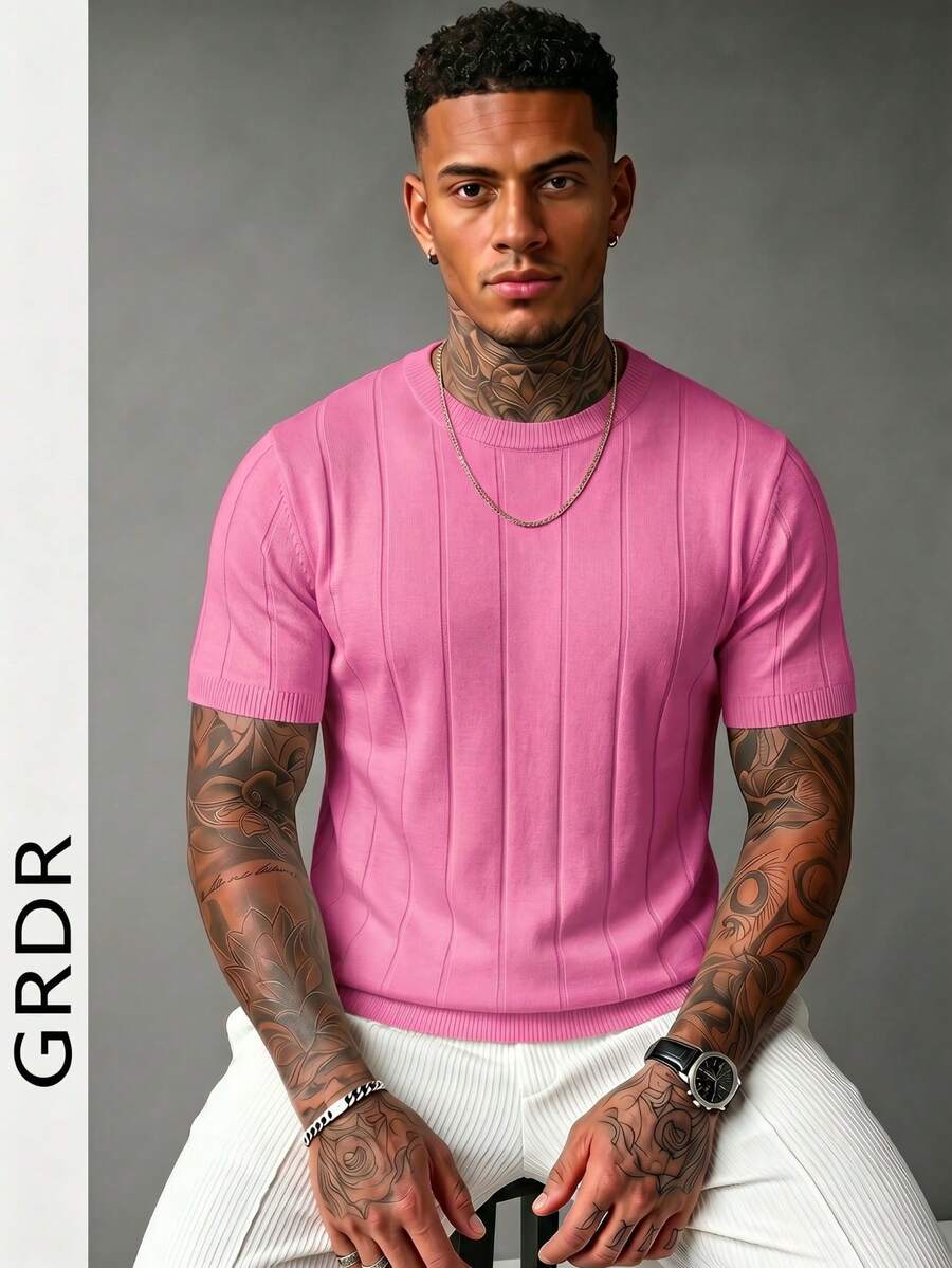 GRDR Sweater Rajut Kasual Lengan Pendek Kerah Bulat Warna Polos untuk Pria