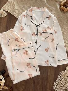 Women's Cute "Happy Bear" Print Pajama Set, Long Sleeve Long Pants 2 Pieces Loungewear, With Black Contrast Trim And 4-Button Front - White - View 8