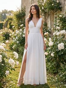 YUMIBRAVO Elegant Wedding Dress For Bridal, Long White Dress For Women, Dress For Destination Wedding,Formal Dress For Women Fall - White - View 2