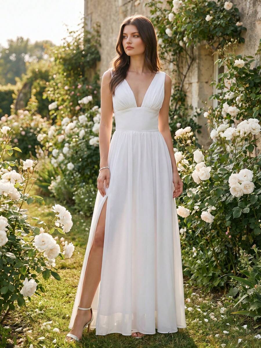 YUMIBRAVO Elegant Wedding Dress For Bridal, Long White Dress For Women, Dress For Destination Wedding,Formal Dress For Women Fall