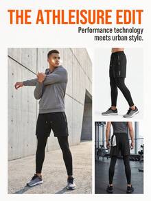 Men's 2-In-1 Spring/Autumn Football & Basketball Training Pants, Unique Print, Outdoor Running & Fitness, Drawstring Waist Sports Black - Black - View 7