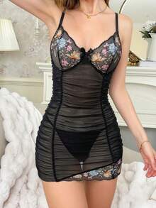 2 piezas/Set Camisón mini de malla con tirantes de espagueti, bordado e impreso, ajustado para mujer (Tanga gratis) - Negro - Ver 4