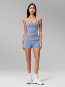 MFVIM Women's New Fashion Yoga Outfit Set, Halter V-Neck Waist-Flattering Slimming Contrast Color Sports Set, Versatile Soft Skin-Friendly Fabric Casual Running Tight Yoga Workout Clothes, Suitable For Daily Commute, Outdoor, Sports, Travel, City Stroll And Various Occasions - Aqua Blue - View 7