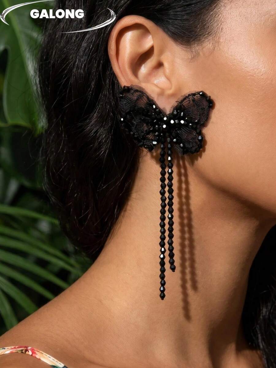 Ethereal Mesh Butterfly Earrings, Sweet Pink Tassel Long Dangle Earrings, French Retro Elegant Earrings For Evening Gown - Black - View 1