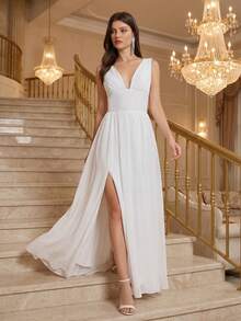 YUMIBRAVO Elegant Wedding Dress For Bridal, Long White Dress For Women, Dress For Destination Wedding,Formal Dress For Women Fall - White - View 9