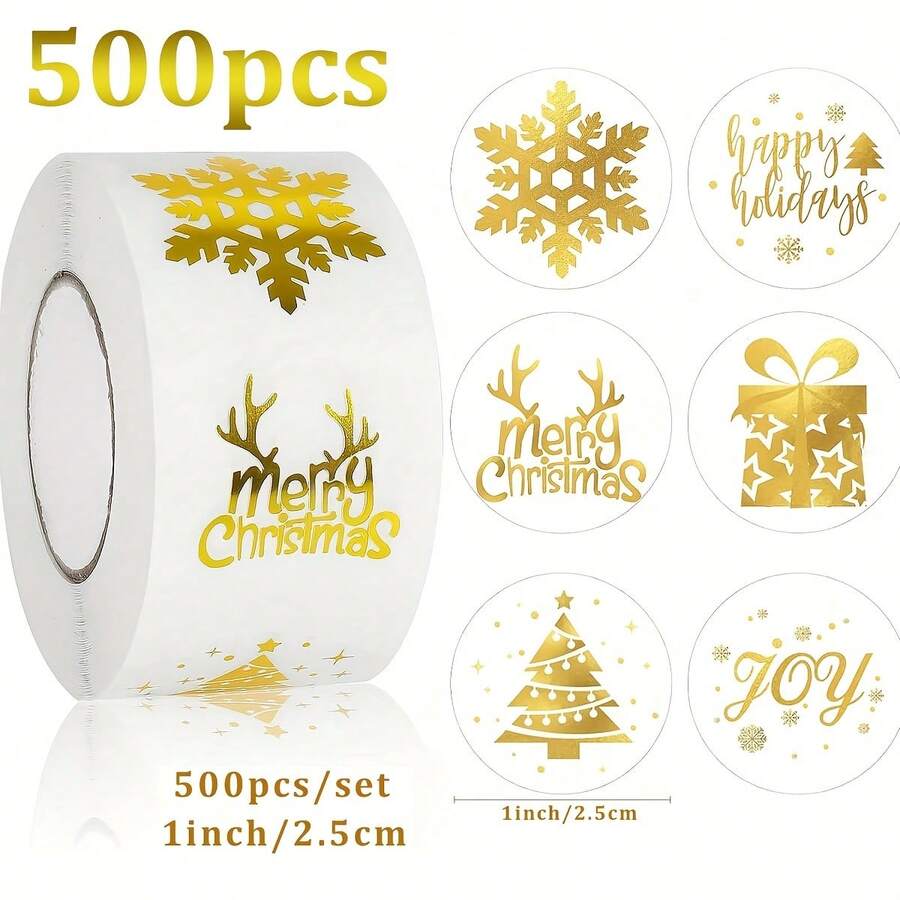 500Pcs/Roll Gold Christmas Stickers, 1 Inch Round Holiday Gift Sealing Labels With Snowflake, Christmas Tree & Merry Christmas Designs, For Gift Bags, Envelopes, Boxes And Party Packaging - Gold - View 1