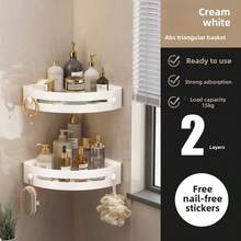 Rust-Proof Plastic Corner Shower Caddy - Wall-Mounted Curved Design Shampoo, Cosmetics And Toiletries Storage Rack, Space-Saving Storage Shelf, Suitable For Small Bathroom, Toilet, Kitchen, Dorm, Bedroom, Suitable For Back To School, Independence Day, Suitable For Christmas Gift, Halloween Gift - Multicolor - View 7