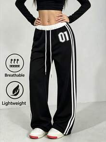 女款新款戶外休閒長褲，數位印花腰帶拼接休閒運動街頭復古風寬鬆運動褲，黑色 - 黑色 - 查看 8