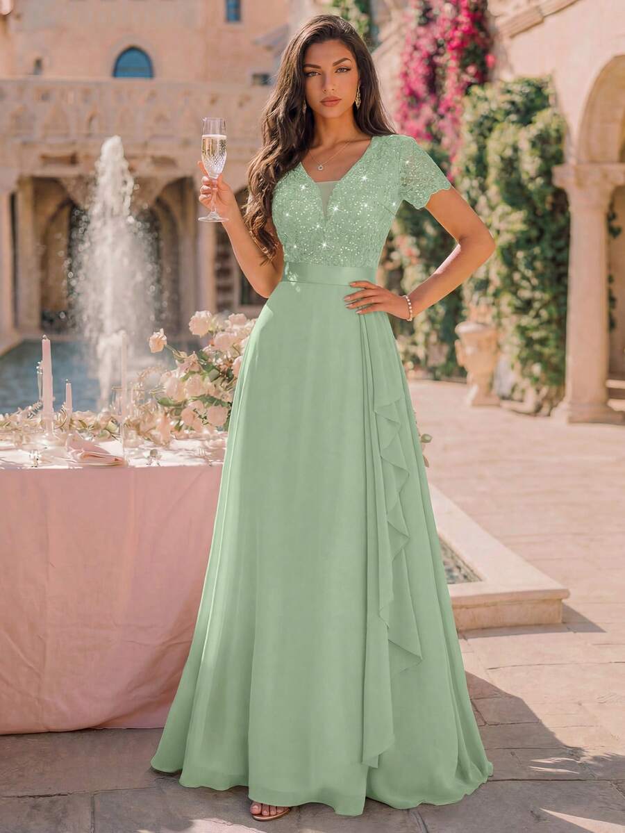 MIUSOL Deep V-Neck Sequin Lace Ruffle Trim Chiffon Formal Party Maxi Dress, Formal Evening Gown Wedding Fall - Mint Green - View 1