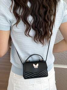 Butterfly Decor V-Shaped Quilted Mini Handbag, Elegant Solid Color PU Crossbody Bag With Handle, Women's Sweet Style Small Square Shoulder Bag, Suitable For Daily Use, Vacation Travel - Black - View 3