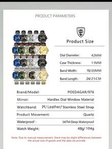 POEDAGAR 1件男士時尚不鏽鋼雙日期顯示腕錶，30米防水夜光石英手錶，適合日常場合 - 均碼 - 查看 9