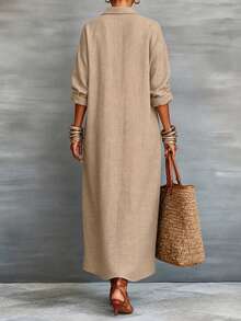 Khaki And Gray Contrast Placket Lapel Rolled Hem Long Sleeve Shirt Dress, Daily Commute And Date Wear Elegant - Apricot - View 4
