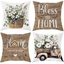 4PCS Country-Style Eucalyptus Throw Pillow Cover, Vintage Truck Buffalo Check Bowknot With 'Bless Our Home, Cozy Home' Letter Print Square Pillow Cover, Neutral Farmhouse-Style Sofa Home Decor, Single-Sided Without Pillow Insert - Brown - View 6