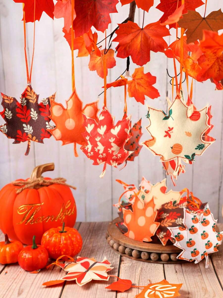 3/6/9pcs Random Color Cute Felt Autumn Leaf Tree Decor, Thanksgiving Leaf Pumpkin Hanging Ornaments, Suitable For Baby Shower And Home Decoration - Multicolor - View 1