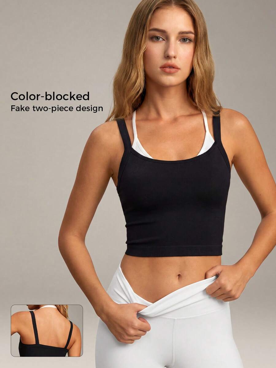 VVX Color-Blocked Workout Tops For Women Sexy Spaghetti Strap Backless Cropped Yoga Top, Suitable For Gym And Everyday Wear In All Seasons - Black - View 1