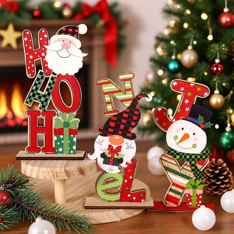 1pc Christmas Decoration Cartoon Colorful DIY Wooden Desktop Ornament Faceless Santa Claus Snowman Letter Gift Home Decor Scene Prop - Multicolor - View 1