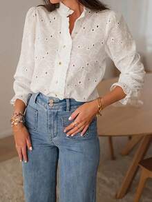EARO Women's Vintage White Hollow Lace Blouse, Ruffled High Collar, Semi-Sheer 3/4 Sleeve Top - White - View 4