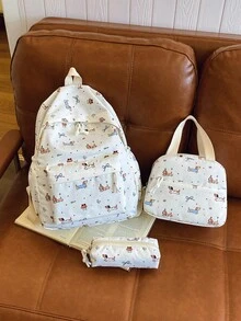 3件組時尚學院風蝴蝶結/狗狗印花背包套裝，包含背包、便當袋與鉛筆袋，附筆電隔層、可調節肩帶、多口袋大容量學生書包套裝，適合女生/青少年/大學生/畢業生日常使用/度假/旅行/開學 - 2260 - 查看 21