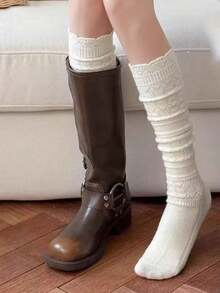 1 Pair Women's White Hollow Knit Mid-Calf Socks, Wool Blend Layered Warm Socks, Sweet Japanese Style, Suitable For Autumn/Winter And Daily Wear - White - View 1