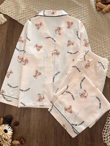 Women's Cute "Happy Bear" Print Pajama Set, Long Sleeve Long Pants 2 Pieces Loungewear, With Black Contrast Trim And 4-Button Front - White - View 2