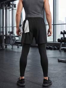 Men's 2-In-1 Spring/Autumn Football & Basketball Training Pants, Unique Print, Outdoor Running & Fitness, Drawstring Waist Sports Black - Black - View 4