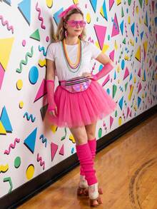 Conjunto de Atuendo Rosa Neón de los 80, Falda Abullonada, Guantes de Red, Pendientes de Rayo, Calentadores de Pierna, Bolso, Collar de Cuentas, Accesorios de Disfraz de Fiesta Disco Retro Adecuados para Fiesta de Cosplay de Halloween, Desfile de Disfraces de Carnaval, Fiesta de Tema Retro Navideño, Tema de Dopamina Colorida y talla grande - Multicolor - Ver 2