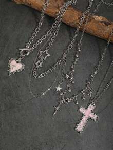 4pcs Vintage Gothic Layered Thorn Rose Cross Heart Pendant Cross Rhinestone Star Necklace Women Choker Neck Chain Sweet Cool Hot Girl Collarbone Chain Niche Accessory Rhinestone Star Four-Pointed Star Sparkling Diamond Atmosphere Water Drop Collarbone Chain Sweet Cool Neck Chain New Y2K Cross Women Necklace Set - Pink - View 2