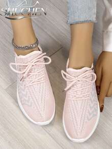 1 Pair Women's Pink Breathable Mesh Lace-Up Lightweight White Soft Sole Walking Casual Running Sports Shoes - Pink - View 2