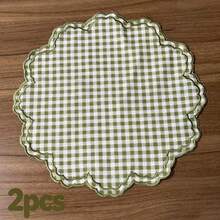 1/2/4pcs Mori Style Lotus Leaf Ruffle Green Plaid Placemats, Vintage Round Table Heat-Resistant Mats - Multicolor - View 9