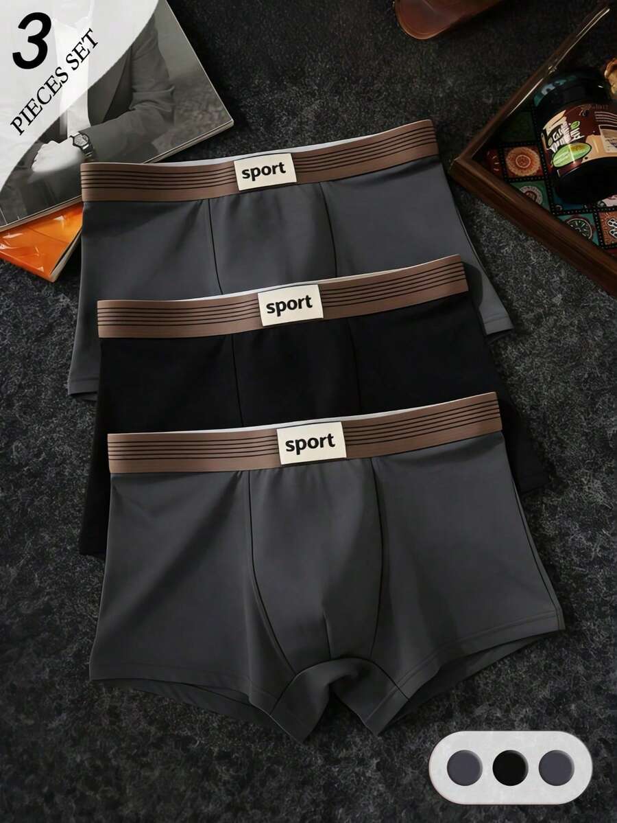 3pcs Solid Color Polyester Boxer Briefs, Breathable High Elasticity Comfortable Boxer Shorts, Sports Shorts Underwear, Casual Underwear, Plus Size Milk Silk Shorts Underwear - Multicolor - View 1