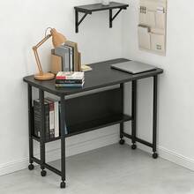 Folding Table With Wheels - Home Office Desk - 80x58x75cm - Folding Computer Desk With Bookshelf - Portable Mobile Workstation - Suitable For Small Spaces - Black - View 2