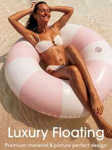 1pc Blue Handle Transparent Thickened Inflatable Swim Ring, White And Blue Buoyancy Pool Float, Cute Photo Prop, Suitable For Adult Women, Summer Beach Pool Outdoor Essential Accessory, Swim Ring, Beach Essential - Multicolor - View 3