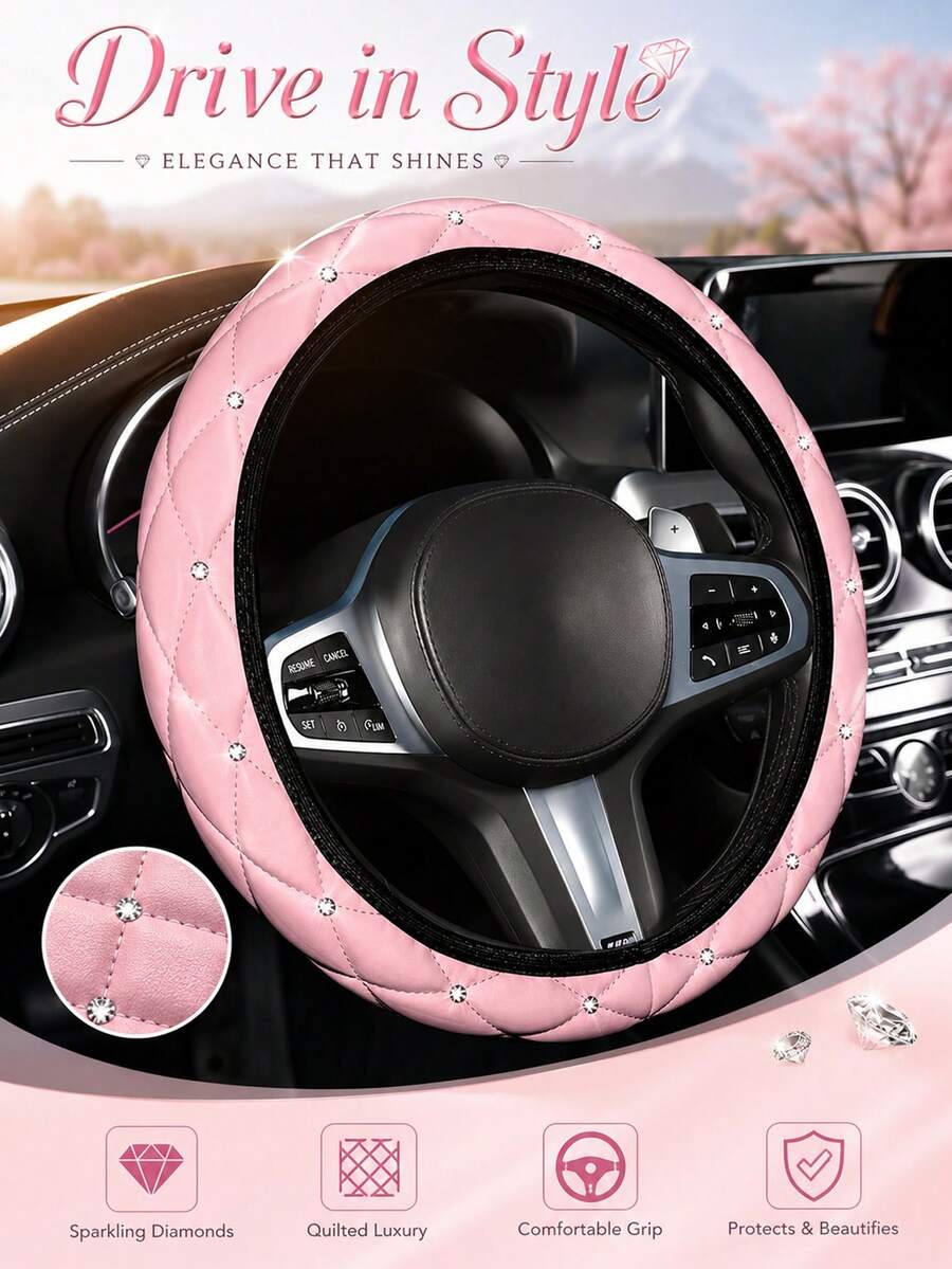 Women's Shiny Rhinestone PU Leather Car Steering Wheel Cover, Fits 14.5-15 Inch Steering Wheels, Breathable Anti-Slip All-Season Design, No Inner Ring, Easy Installation, Universal Car Interior Accessory - Style a - View 1