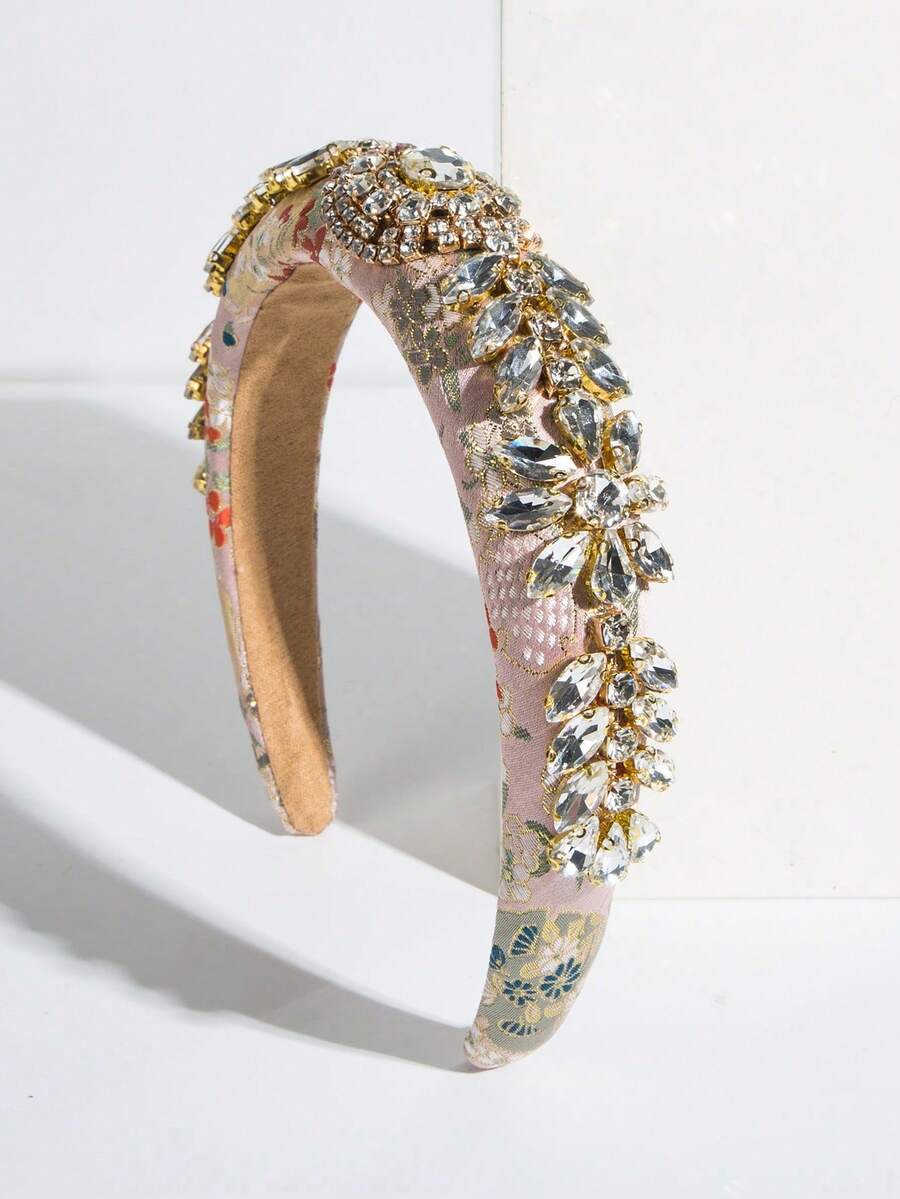 1件復古宮廷風寶石海綿刺繡花卉布料寬版髮箍 高品質優雅女士髮箍 假期必備 日常女性穿搭配件 頭飾 - FG1044-粉紅金色 - 查看 1