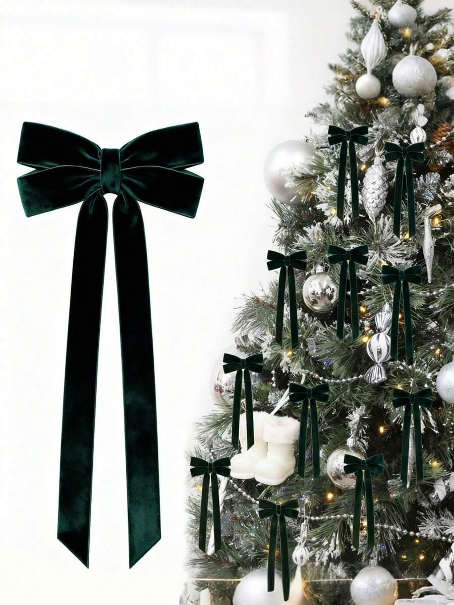 12/6/1pc Deep Green Velvet Bow Christmas Tree Decoration, 5" X 10", Suitable For Christmas Tree, Home, Room, Birthday Party, Front Door, Wedding And Other Holiday Decor, Christmas Wreath Bow, Rustic Craft Gift Bow, Velvet Ribbon Bow, Suitable For Christmas Home Wreath Decoration, Holiday Wedding Indoor And Outdoor Decoration, Christmas Decoration - Dark Green - View 1