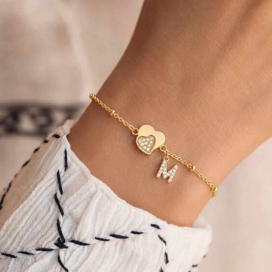 1pc New Fashion Initial Heart Pendant Golden Stainless Steel Bead Chain Bracelets For Women - Yellow Gold - View 1