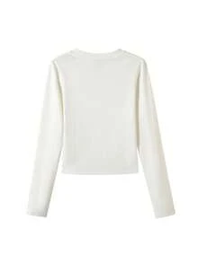 Kaos Lengan Panjang Wanita Model Amerika Kerah V Warna Polos dengan Bahu Reguler, Atasan Kasual Gaya Y2K Warna Putih - Putih - View 6