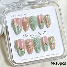 10pcs Pink Green Cat Eye Ombre Fake Nails With 3D Gold Bow, Small Flower Bead Inlay, Water Ripple Texture Press On Nails,Reusable Almond Shaped False Nails For Summer Wedding Daily Manicure - Multicolor - View 9