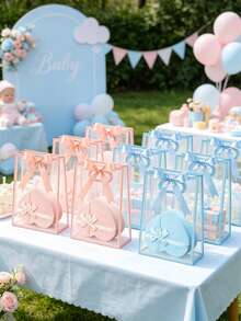 24/12/1pc Transparent Gift Bag With Ribbon, 7x10x3.15 Inch Reusable PP Holiday Gift Bag, Suitable For Baby Shower, Graduation, Wedding, Bridal Shower, Birthday Party, Business Occasions, With Hollow Handle, Gender Reveal Party Gift Bag, Guest Favors (Pink And Blue) - Multicolor - View 8