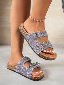 Sandalias de plataforma de corcho con doble correa y strass para mujer - Morado Violeta - Ver 4
