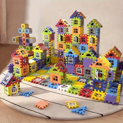 50/100/140pcs Children DIY Villa House Building Blocks Set, Colorful Plastic Window Roof Stacking Construction Bricks, Early Educational Intelligence Toy For Toddlers Over 3 Years Old, Boys Girls Family Interactive Game Birthday Gift
