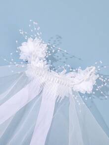 1pc Fashionable Elegant Oversized Bow Ribbon Mesh Beaded Flower Hair Comb Bridal Veil Hair Accessory Suitable For Wedding Party - White - View 5