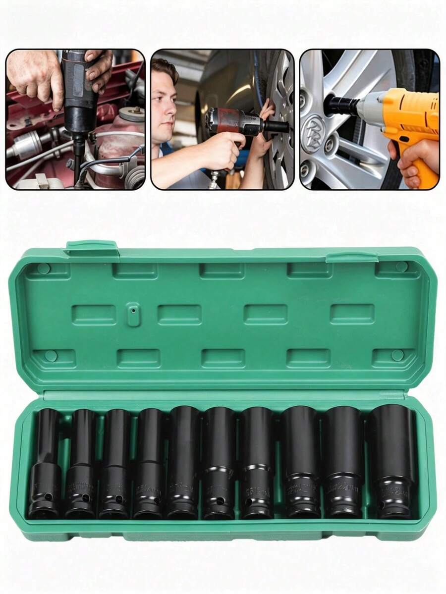 10pcs Deep Socket Set, 1/2 Inch Drive 6-Point Long Socket Set With Storage Box, Heavy Duty Socket Tools, Suitable For Car Tire Repair, Electric Drill, Pneumatic Wrench, Manual Ratchet Wrench, Automotive Industrial And Home Maintenance