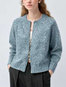 Women's Autumn/Winter Minimalist Casual New Colorblock Zip-Up Round Neck Knit Cardigan Sweater Jacket - Dusty Blue - View 6